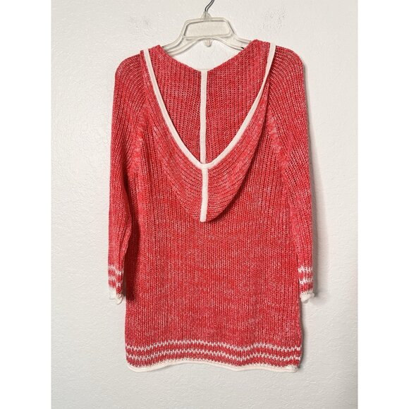 Tommy Bahama Womens Open Weave Hoodie Pink Sweater White Trim Size M Linen Blend - Picture 2 of 5